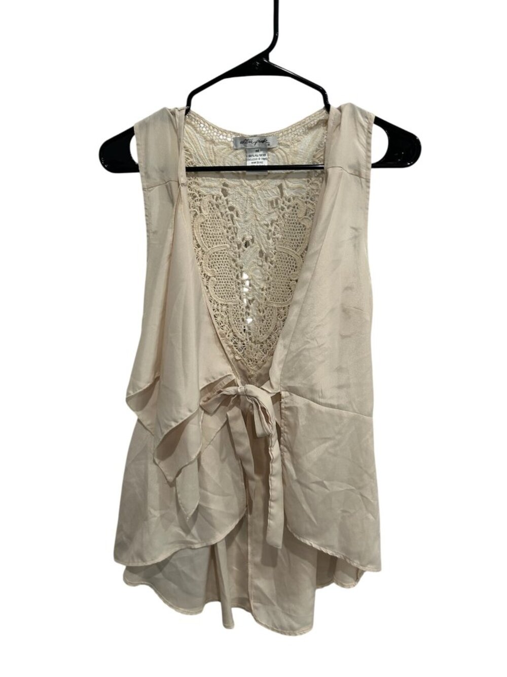 Ultra Pink Sleeveless Crochet Back Vest Beige Sz Medium Tie Front Neutral Boho